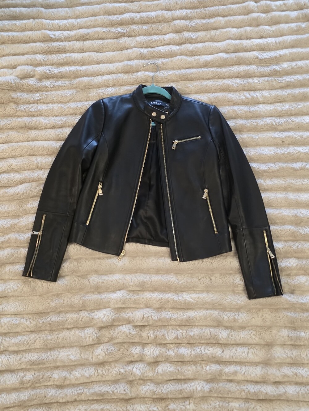 Ralph Lauren Genuine Lamb Leather Moto Jacket In Black W Gold
